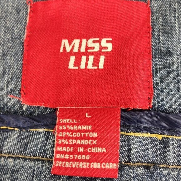 Miss Lili Womens Distressed Customized Cotton Blend Blue Denim Jean Jacket Sz L - Picture 11 of 12
